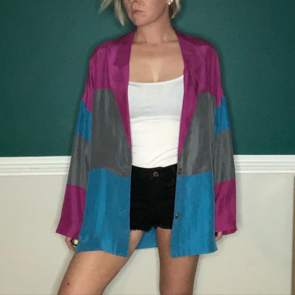 Vintage 100% silk colorblock shacket